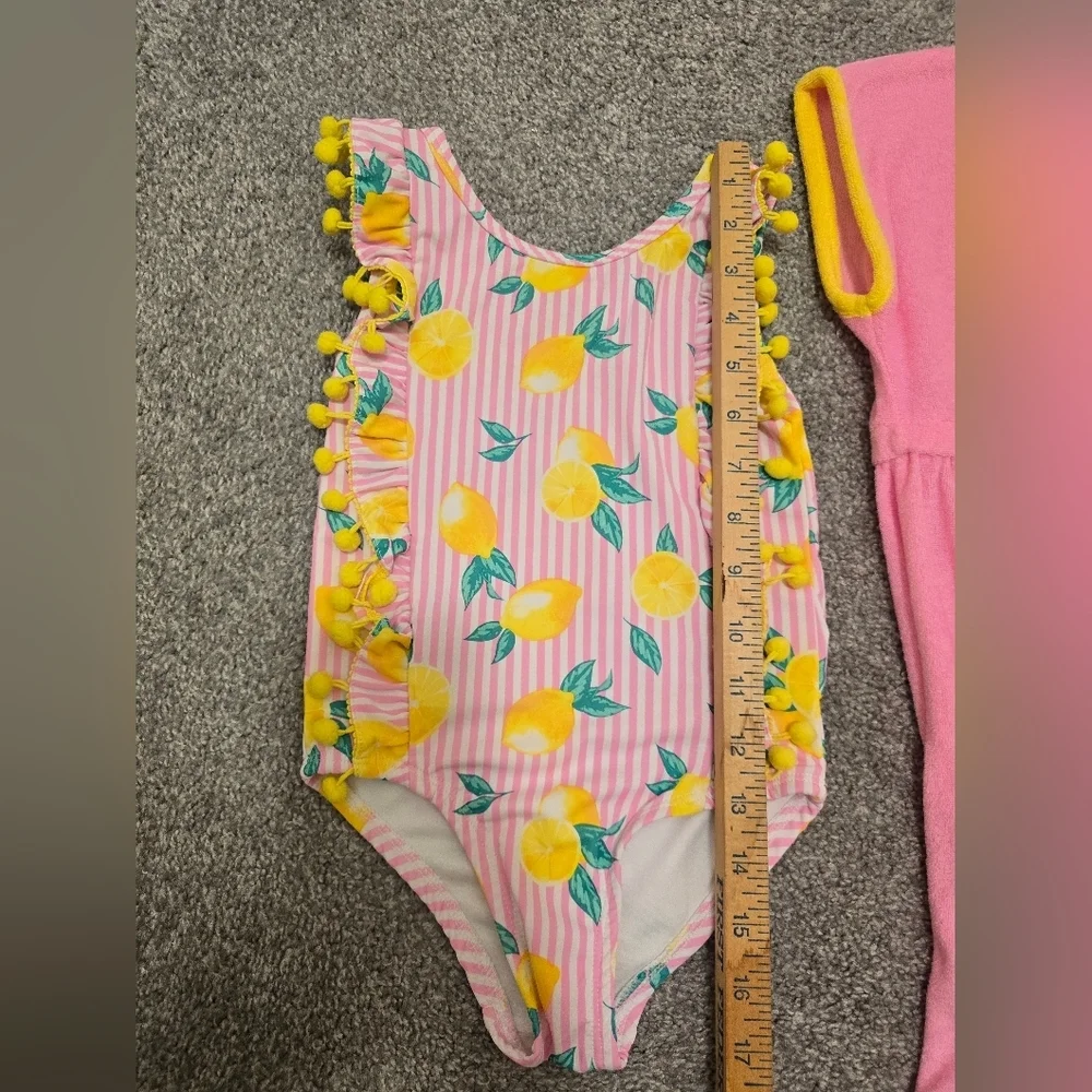 Nicole Miller New York Girls Size 6 Bathing Suit & Cover Up Pink Lemons Pom Poms